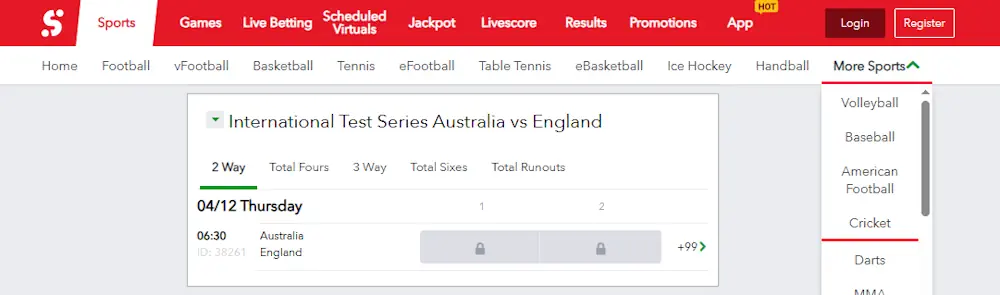 SportyBet Cricket Betting: Test Matches Screenshot